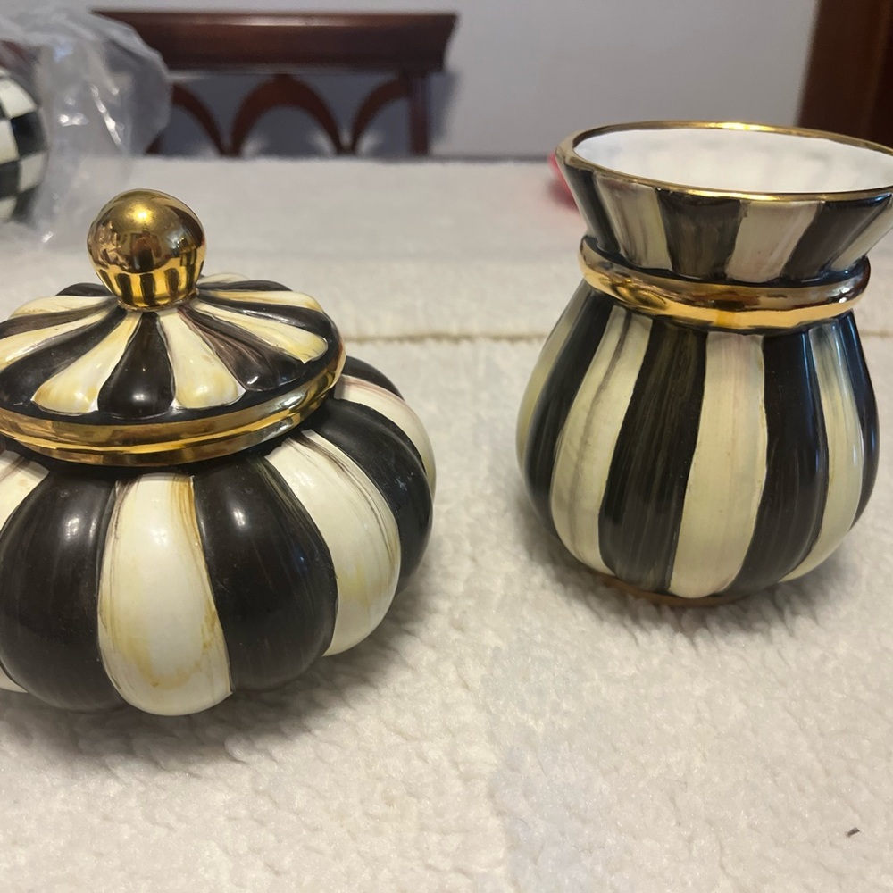 MacKenzie-Childs Black and Cream Ceramic Jars with Gold Accents